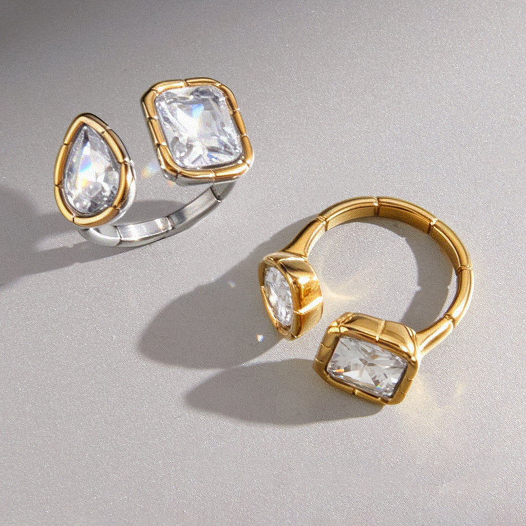 Waterproof 18K Gold Pear-Cut Zirconia Geometric Open Ring
