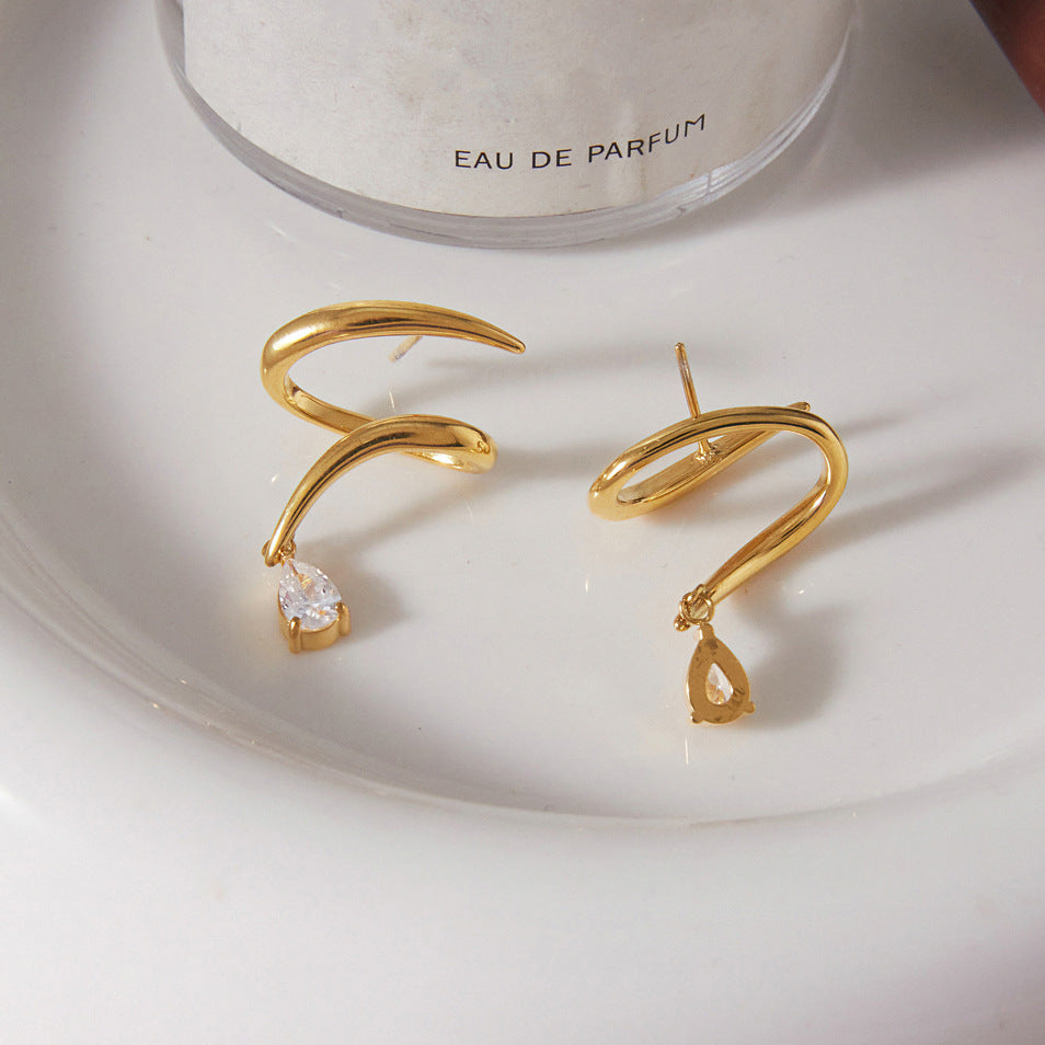 Waterproof Gold Spiral Claw Drop Earrings with Pear-Cut Zirconia