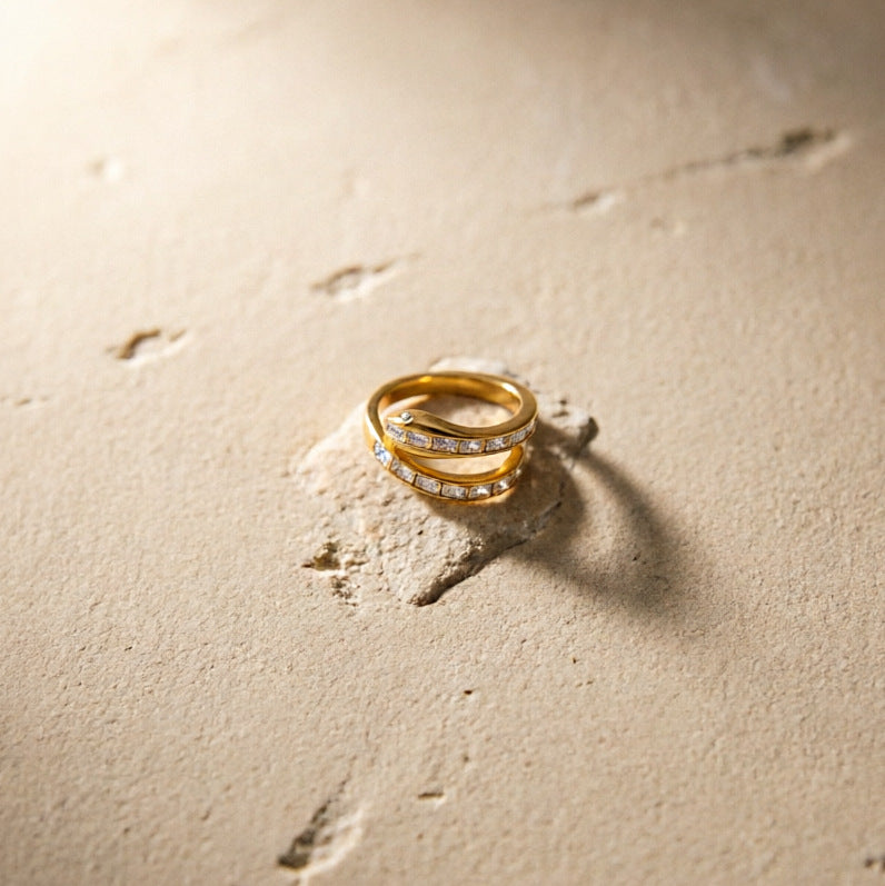 Waterproof 18K Gold Snake Pave Zirconia Open Band Ring