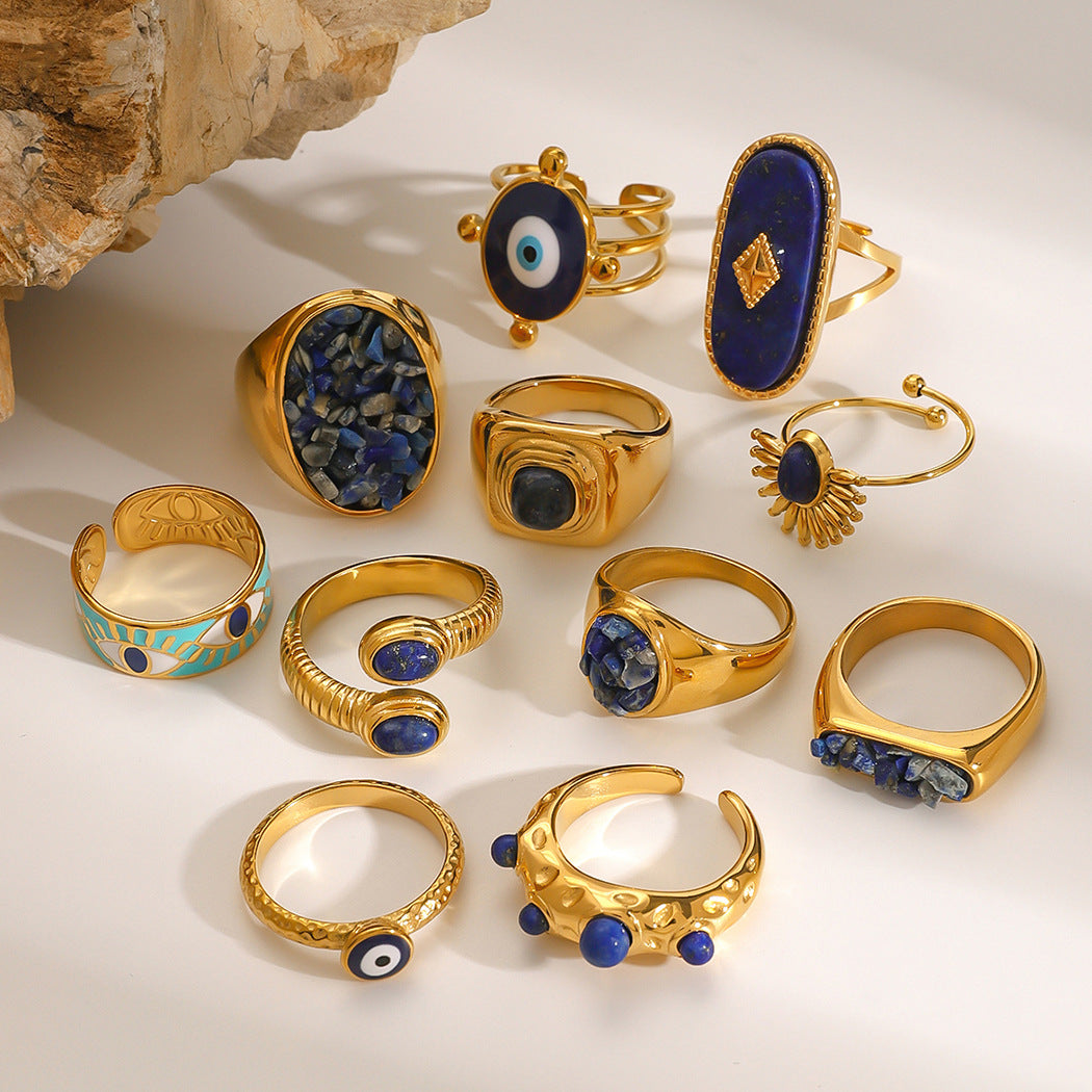 Waterproof 18K Gold Lapis Lazuli & Evil Eye Statement Ring Collection