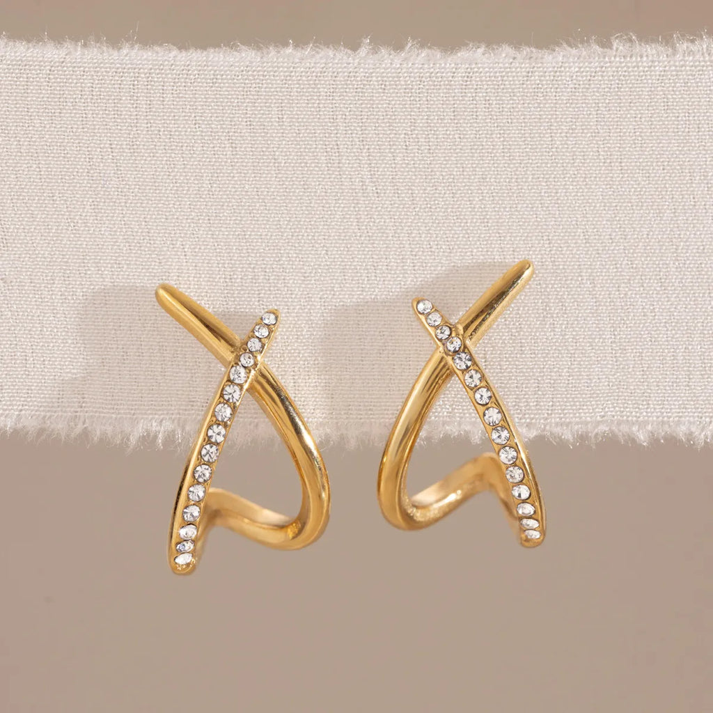 X-Shape Pavé CZ Ear Cuff – Waterproof 18K Gold