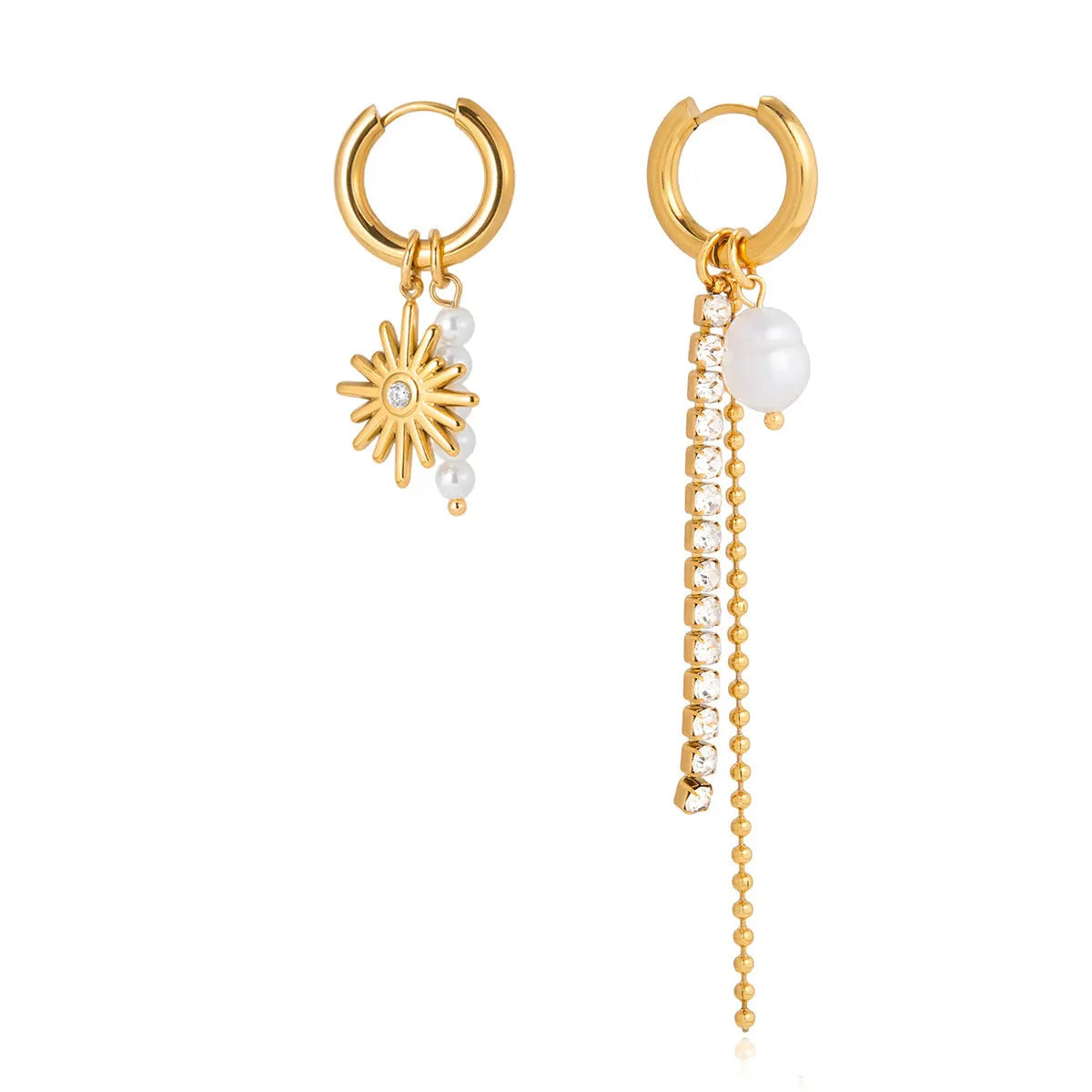 Asymmetric Pearl Sunburst Drop Earrings – Waterproof Steel