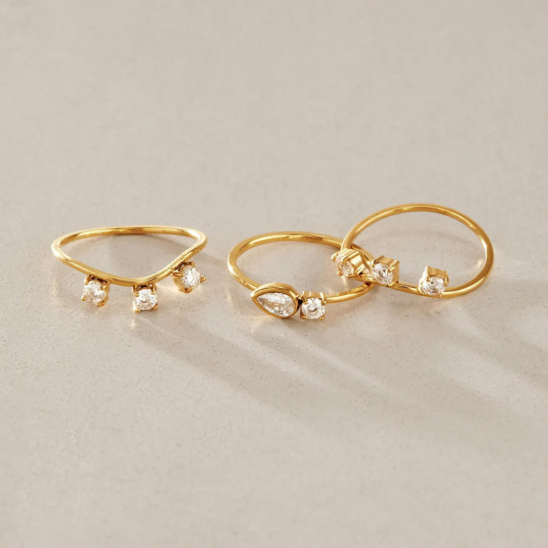 CZ Crown, Pear & Wave Stackable Ring Set – Waterproof 18K Gold