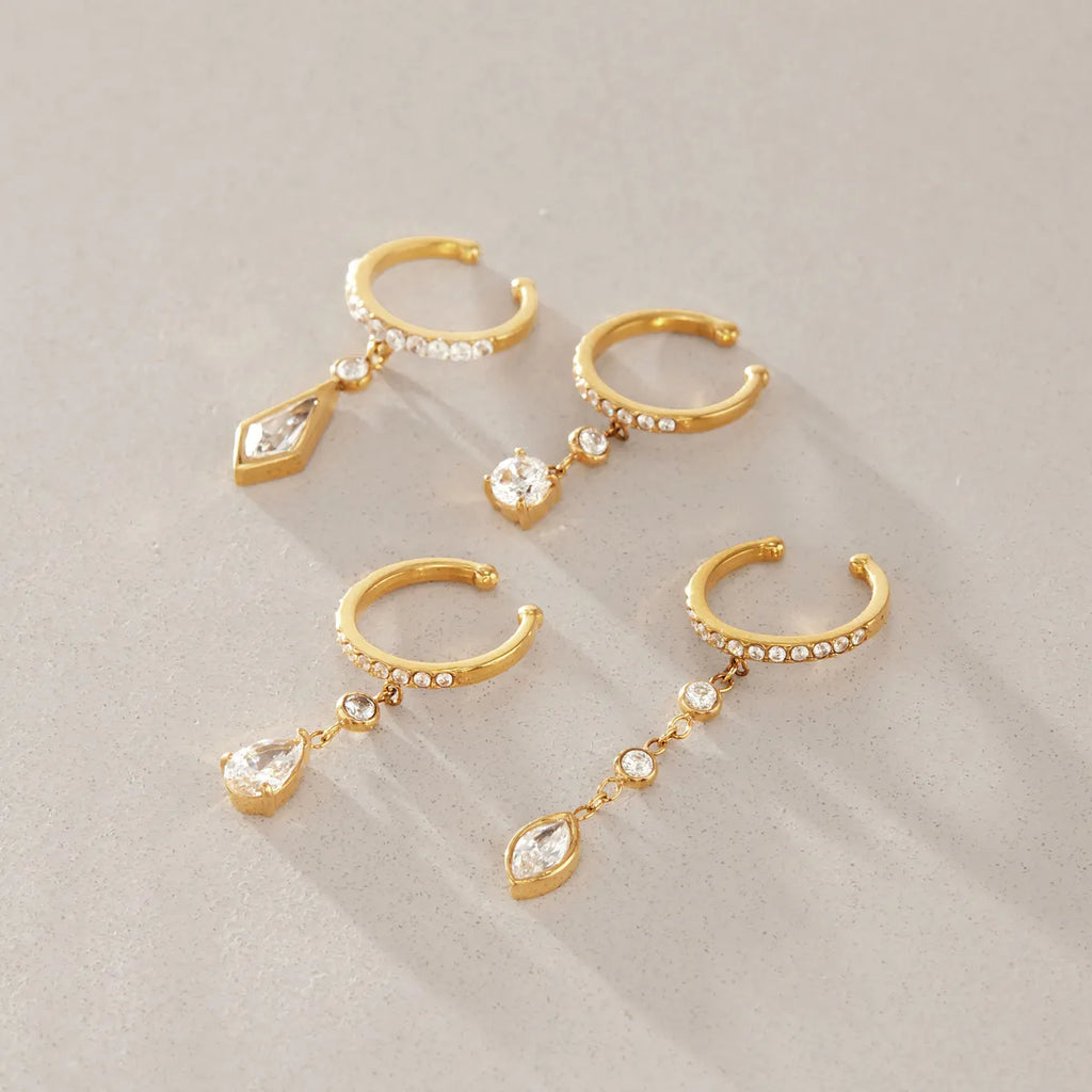 Waterproof Pavé CZ Dangling Drop Cartilage Ear Cuffs