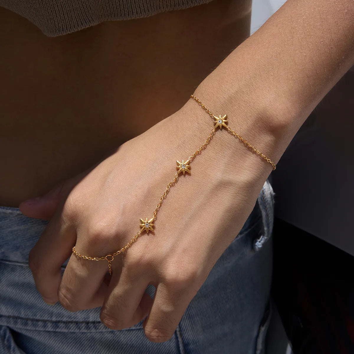CZ Star Hand Chain Bracelet with Ring – Waterproof 18K Gold