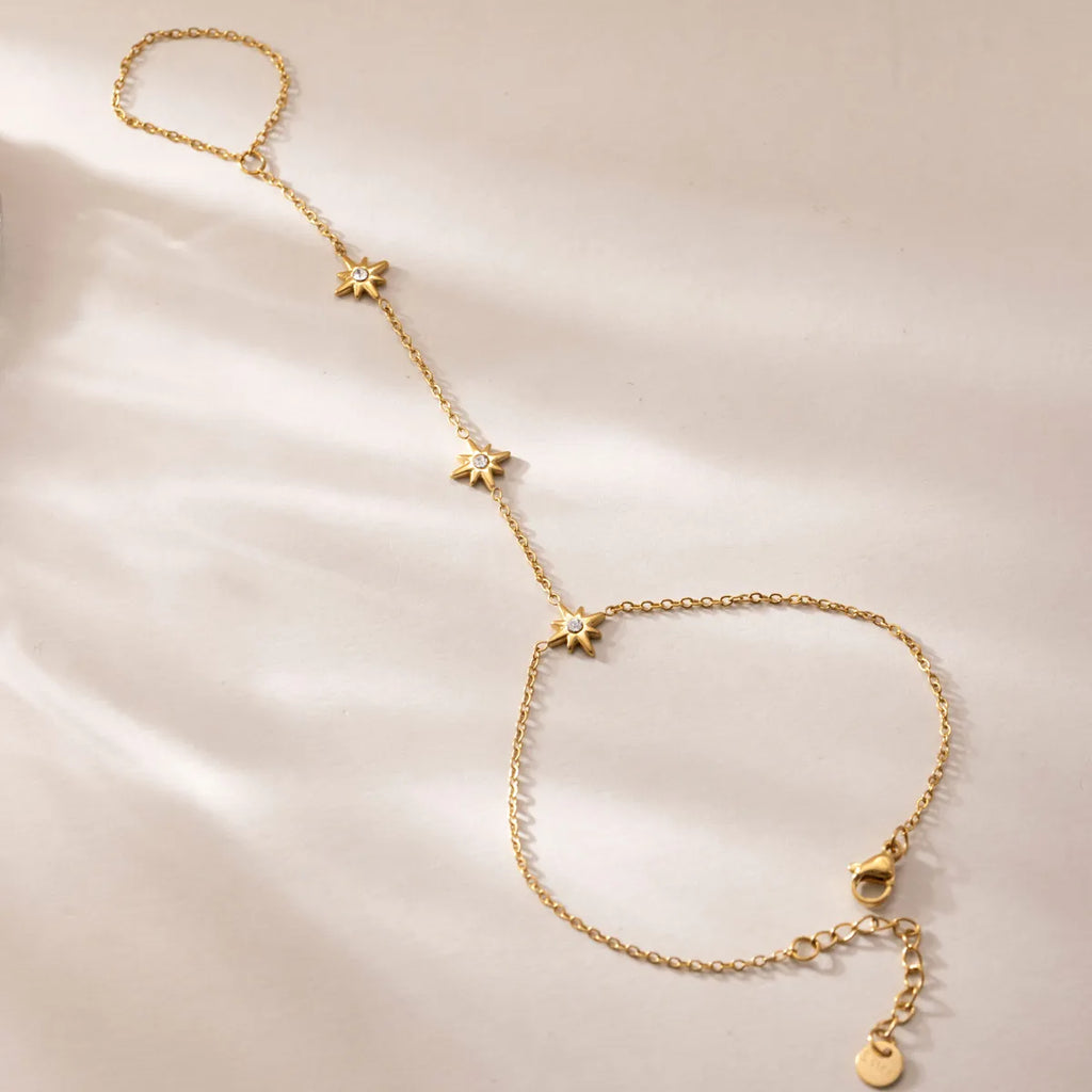 CZ Star Hand Chain Bracelet with Ring – Waterproof 18K Gold