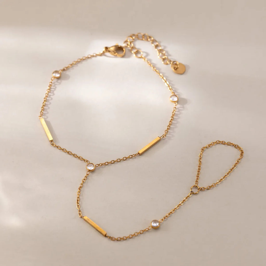 Bar & CZ Geometric Hand Chain Bracelet with Ring – Waterproof 18K Gold