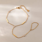 Bar & CZ Geometric Hand Chain Bracelet with Ring – Waterproof 18K Gold