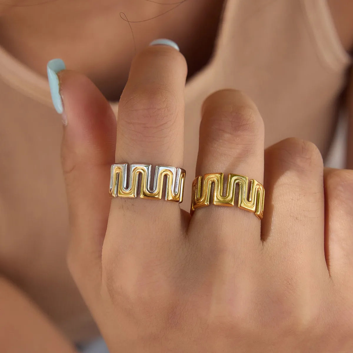 Waterproof Gold Geometric Wave  Open Ring