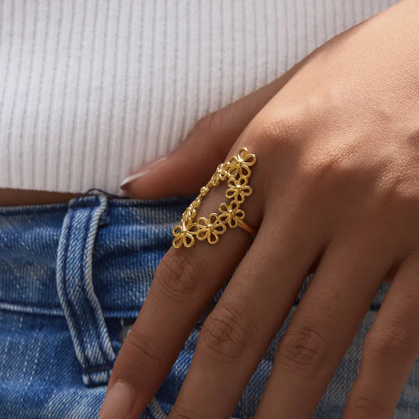 Waterproof Gold Retro Floral Open Band Ring