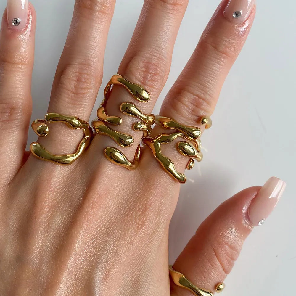 Waterproof Wavy Minimalist Adjustable Band Open Ring