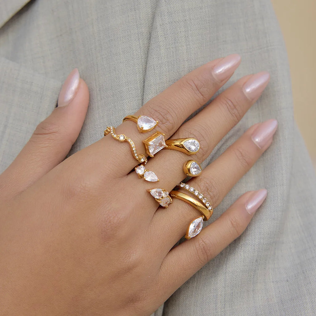 Pear-Cut Zirconia Cluster Open Ring – Waterproof 18K Gold