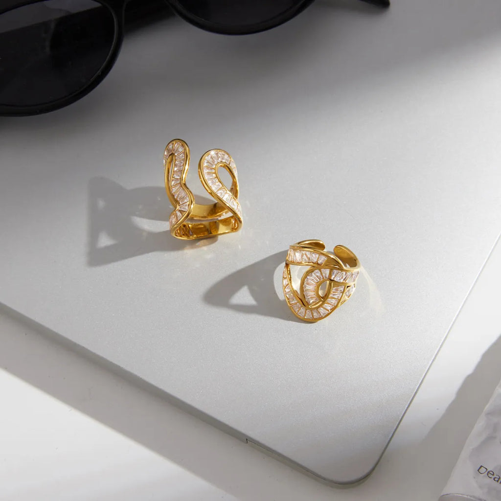 Waterproof Stainless Steel Baguette CZ Statement Rings | Gold Wavy Abstract Open Bands