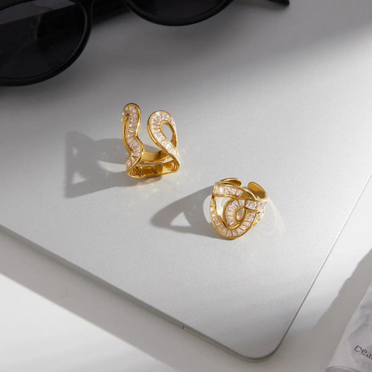 Waterproof Stainless Steel Baguette CZ Statement Rings | Gold Wavy Abstract Open Bands