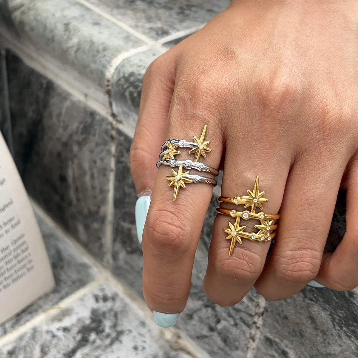 Celestial Starburst Zirconia Open Ring – Waterproof 18K Gold