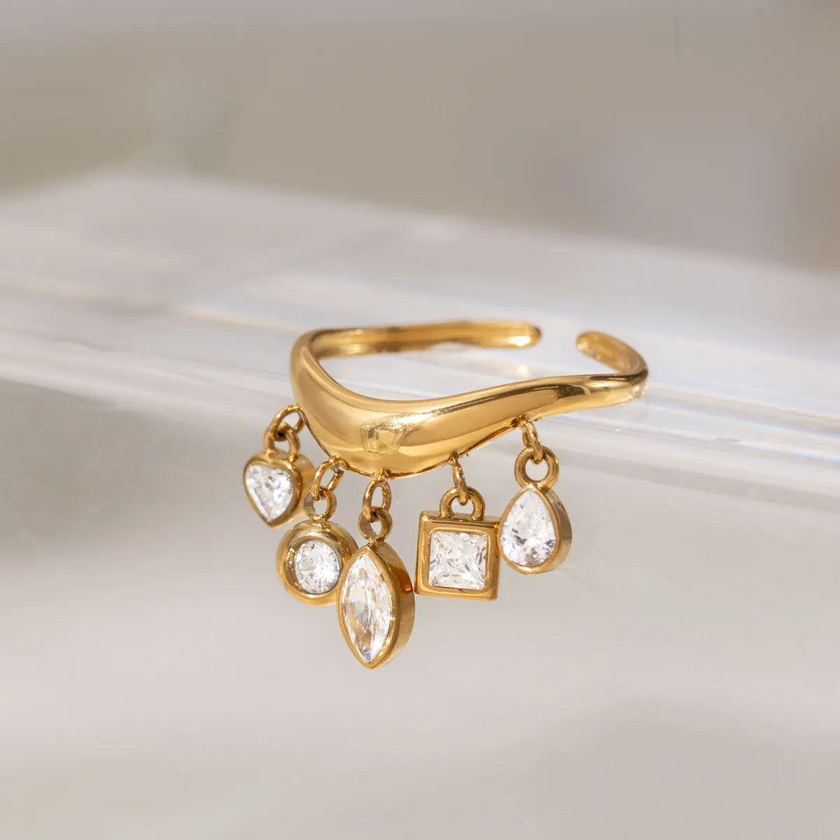 Dangling Multi-Cut CZ Charm Open Ring – Waterproof 18K Gold