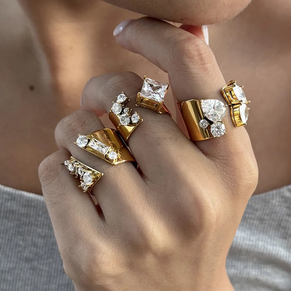 Waterproof Stainless Steel Chunky CZ Statement Ring | Gold Geometric Open Band