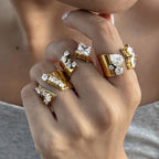 Waterproof Stainless Steel Chunky CZ Statement Ring | Gold Geometric Open Band