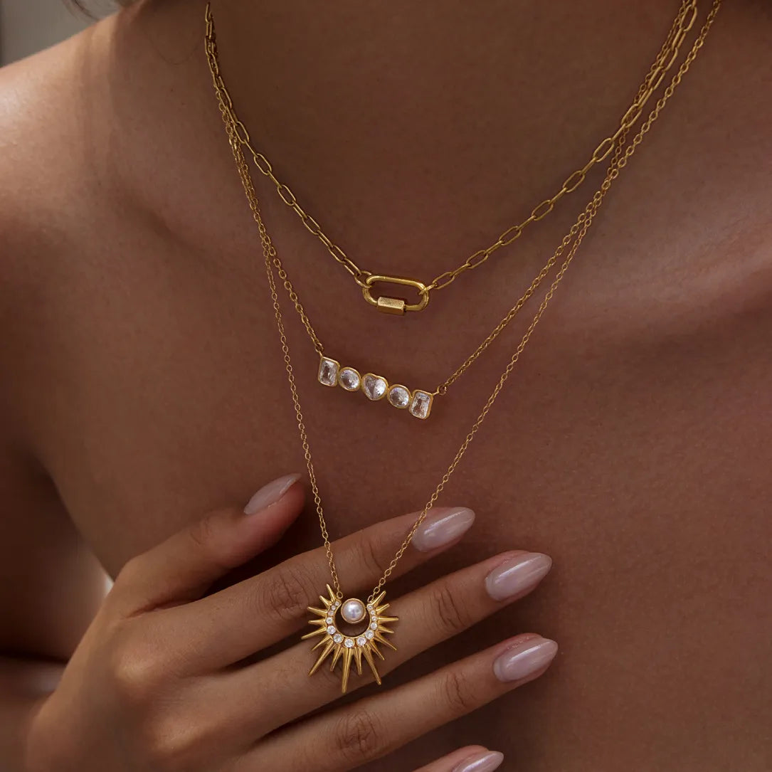 Waterproof Stainless Steel Sunburst Jewelry Set | Gold Pearl & Zirconia Necklace and Earrings
