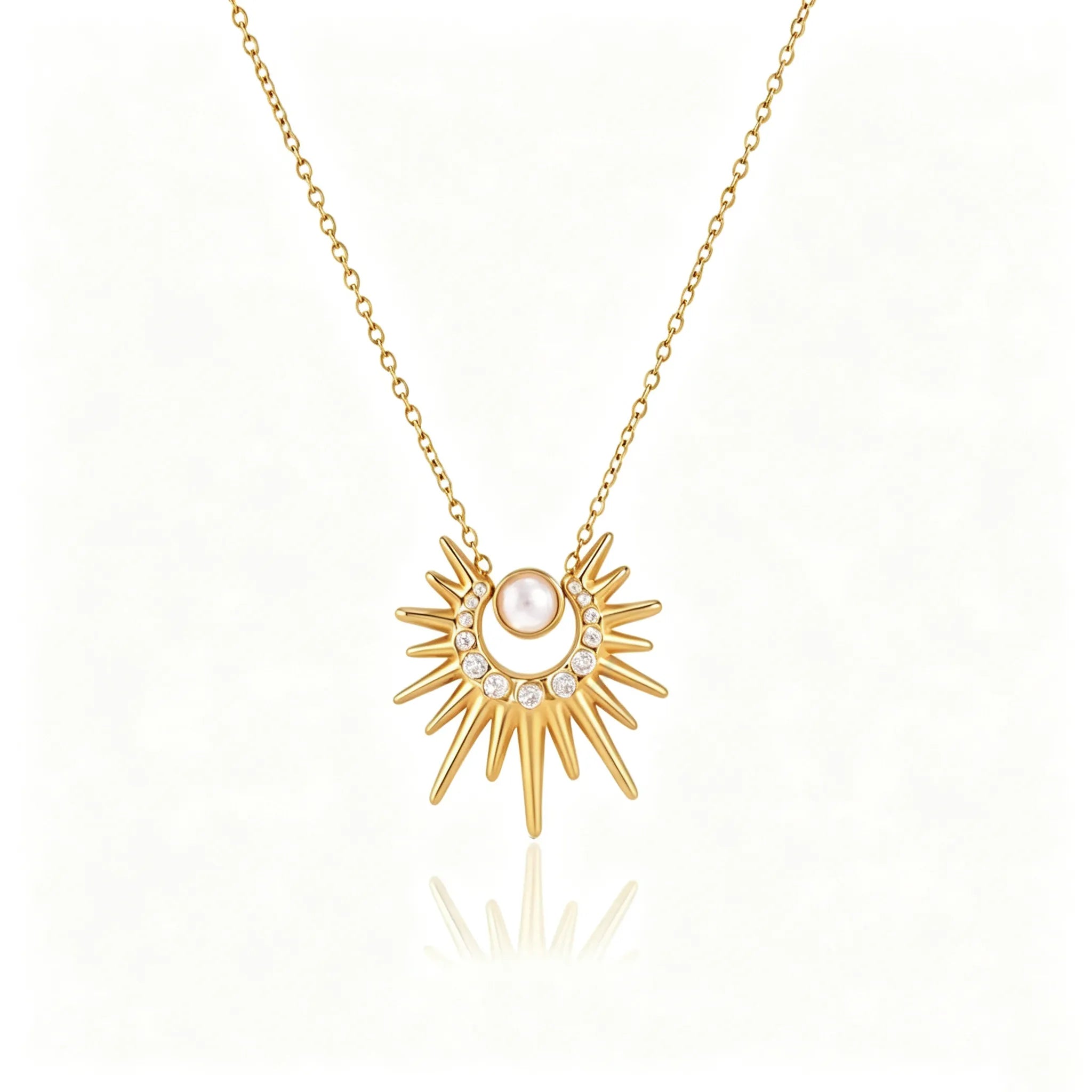 Waterproof Stainless Steel Sunburst Jewelry Set | Gold Pearl & Zirconia Necklace and Earrings