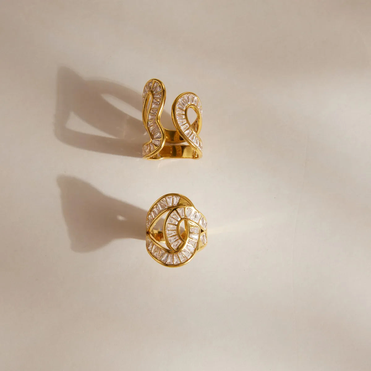 Waterproof Stainless Steel Baguette CZ Statement Rings | Gold Wavy Abstract Open Bands