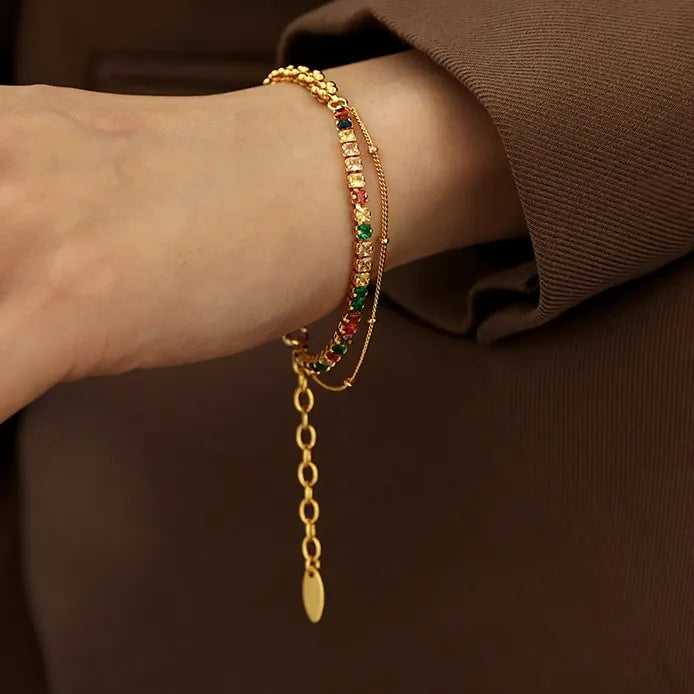 Rainbow CZ Asymmetric Tennis Bracelet – 18K Gold Plated