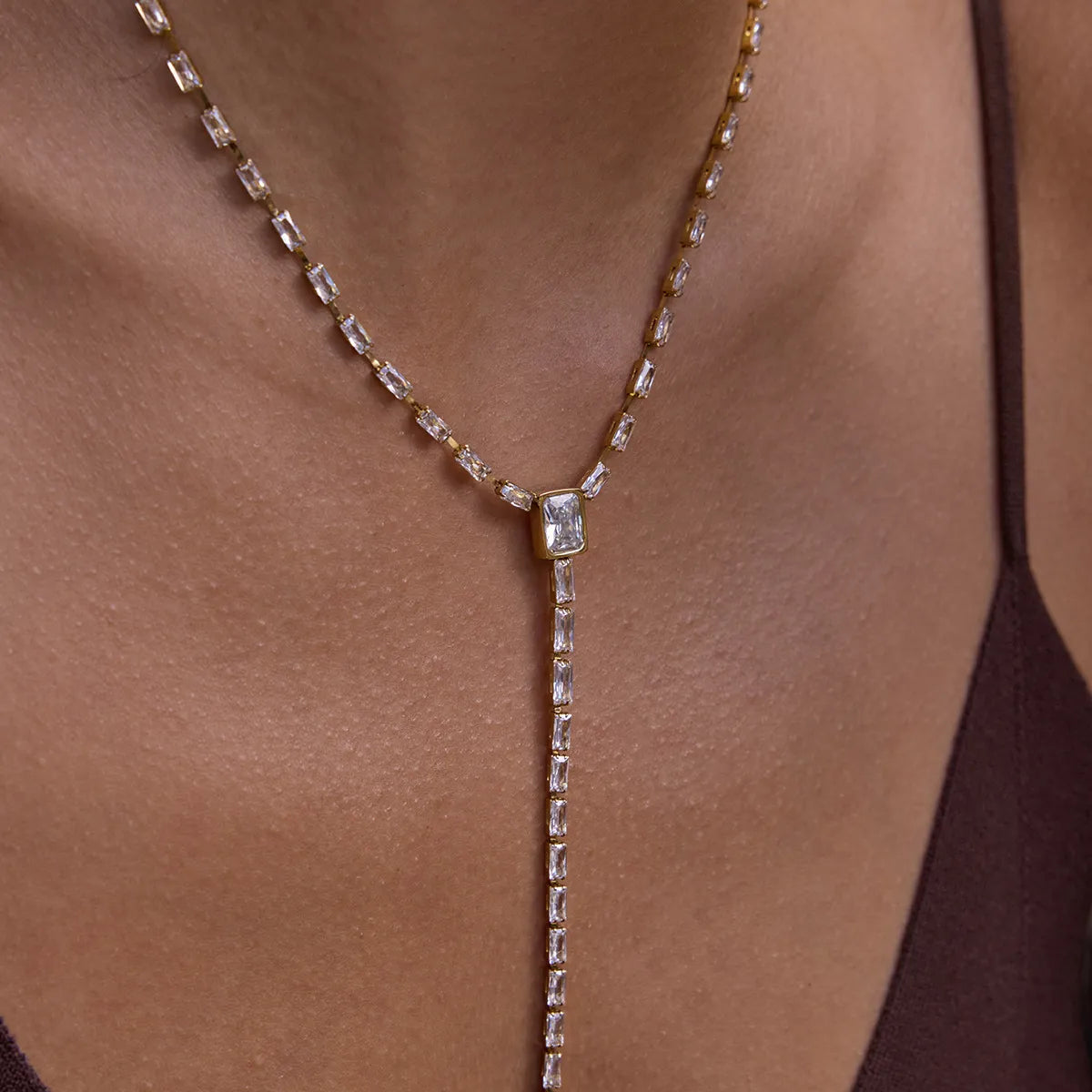 Waterproof Baguette CZ Lariat  Y-Necklace