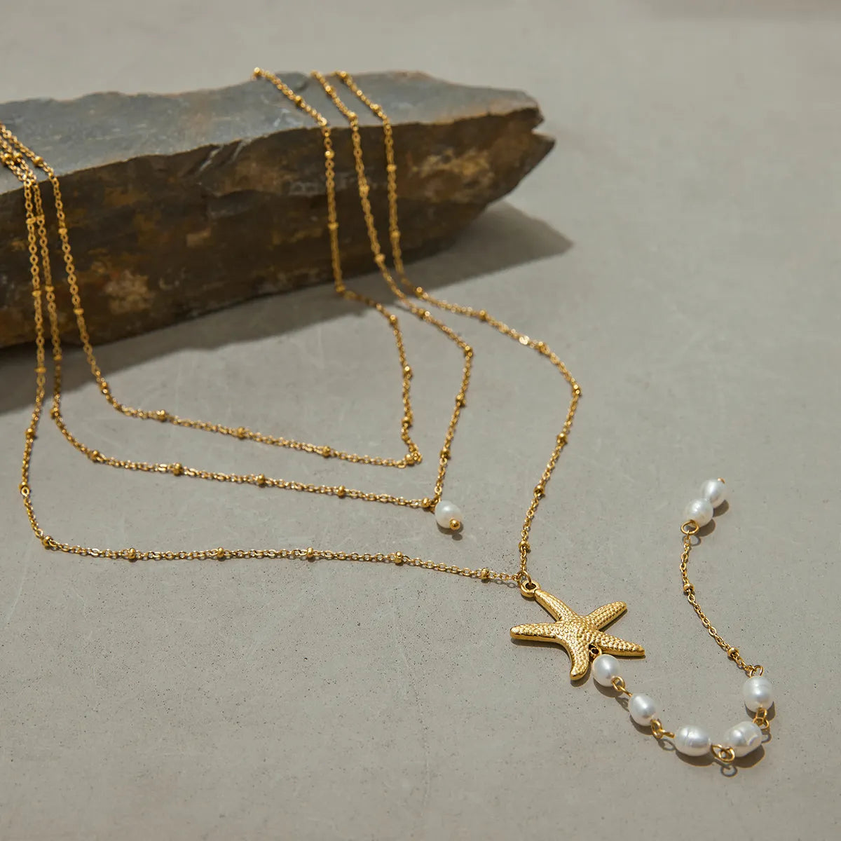 Waterproof Baroque Pearl Starfish Layered Necklace