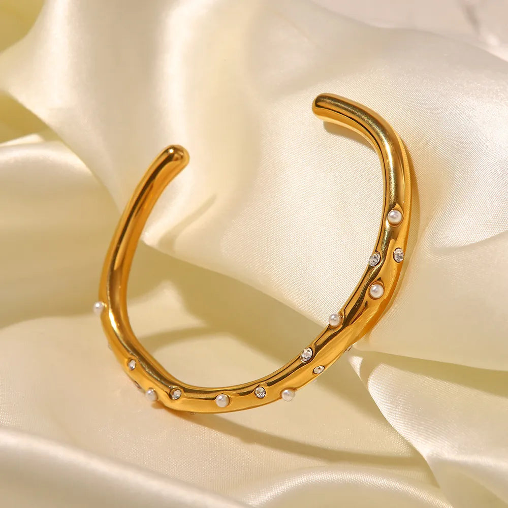 Zirconia & Pearl Wave Cuff Bracelet – Waterproof 18K Gold
