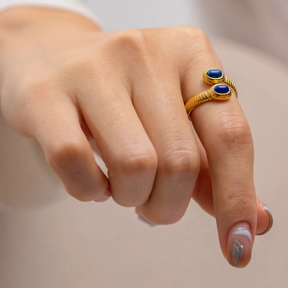 Ribbed Stone Bypass Open Ring – Waterproof 18K Gold