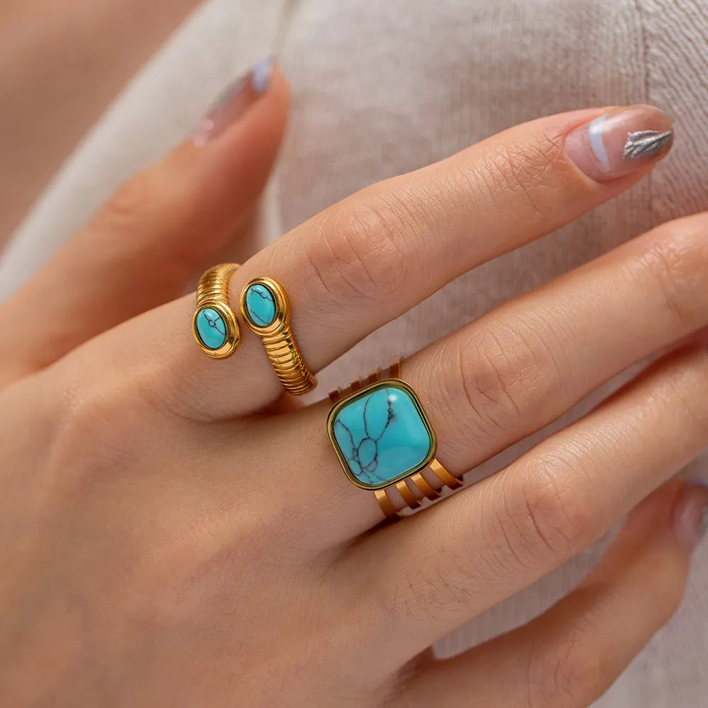 Ribbed Stone Bypass Open Ring – Waterproof 18K Gold