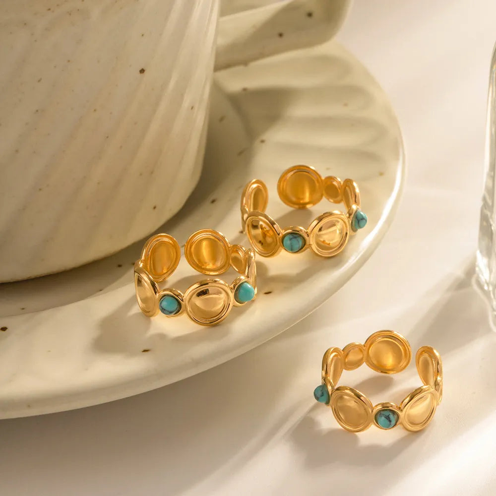 Turquoise Disc Open Ring – Waterproof 18K Gold