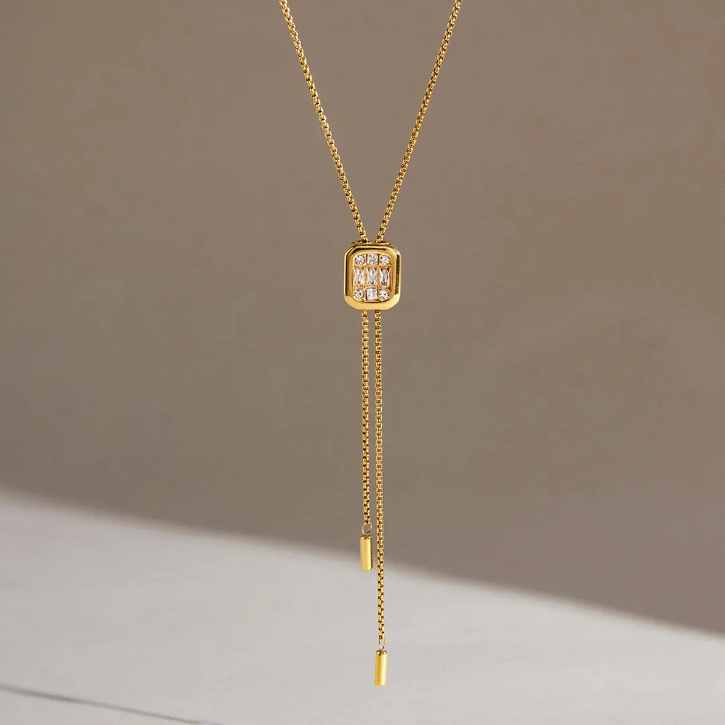 Emerald-Cut CZ Slider Lariat Y-Necklace – Waterproof 18K Gold
