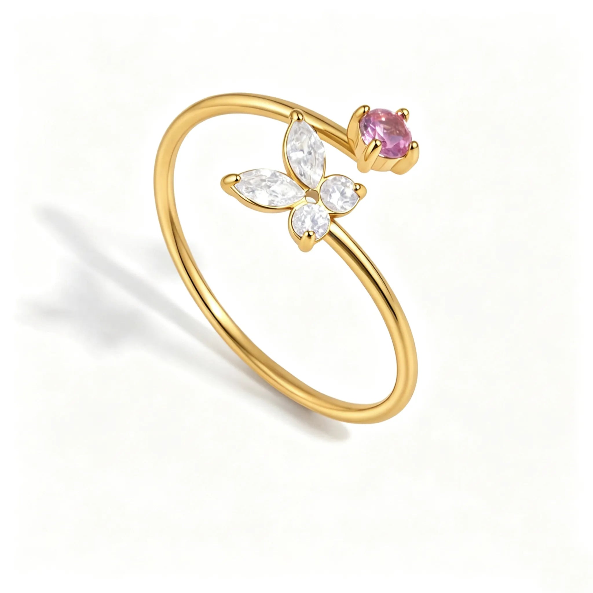 Butterfly & Floral CZ Open Ring Collection – Waterproof 18K Gold