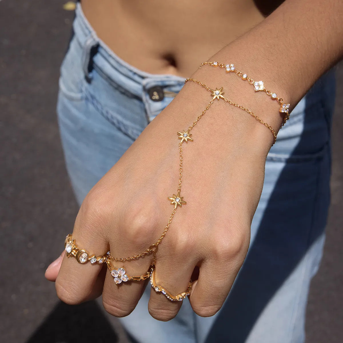 CZ Star Hand Chain Bracelet with Ring – Waterproof 18K Gold