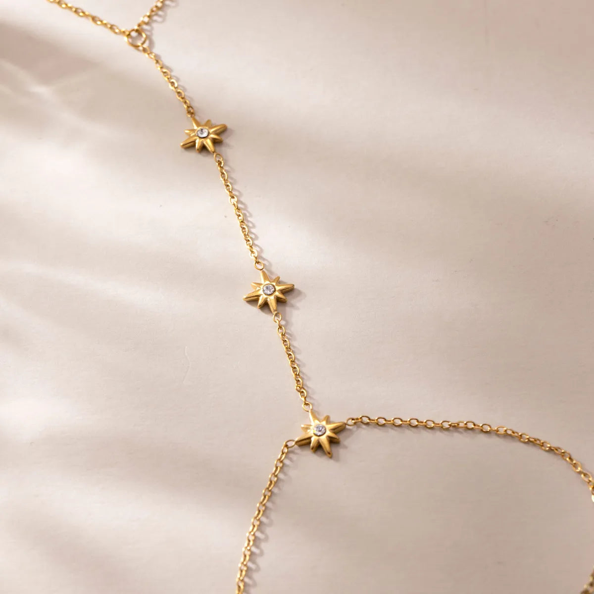 CZ Star Hand Chain Bracelet with Ring – Waterproof 18K Gold