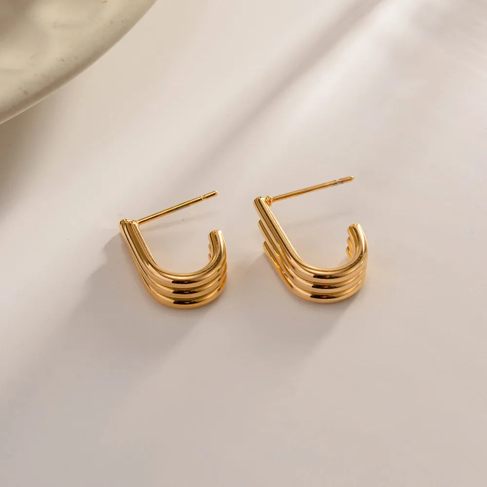 Triple Band J-Hoop Earrings – Waterproof Stainless Steel