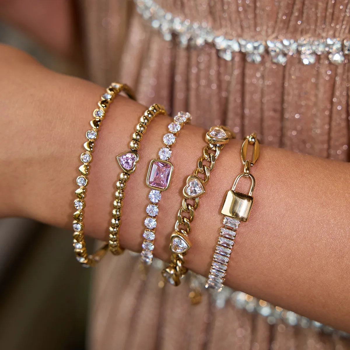 Waterproof CZ Gold Heart & Tennis Bracelet