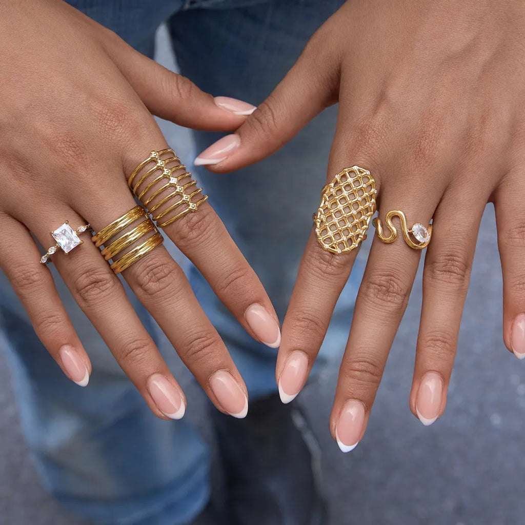 Waterproof Stainless Steel Sculptural Statement Rings | Gold CZ Lattice & Spiral Coil Bands