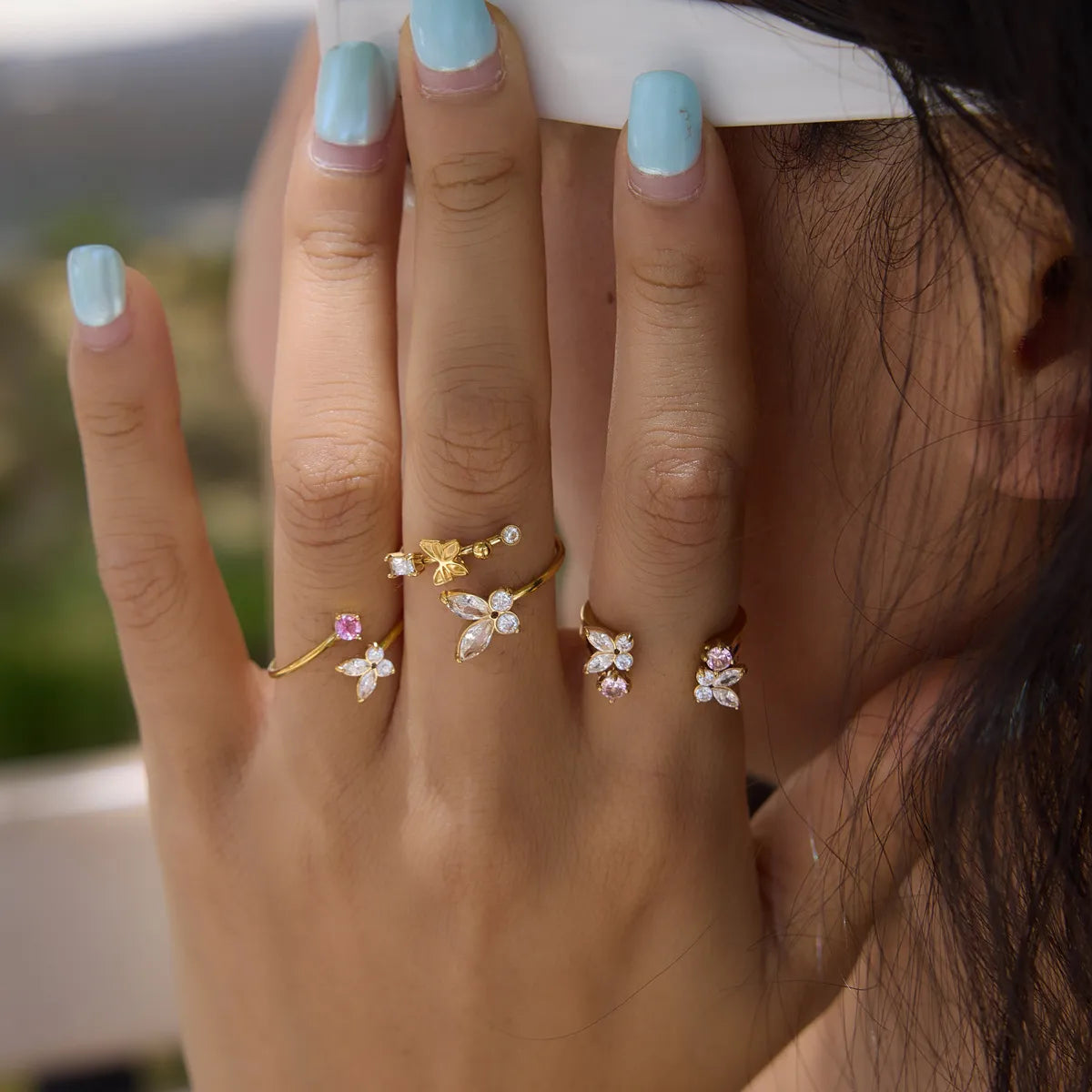 Butterfly & Floral CZ Open Ring Collection – Waterproof 18K Gold
