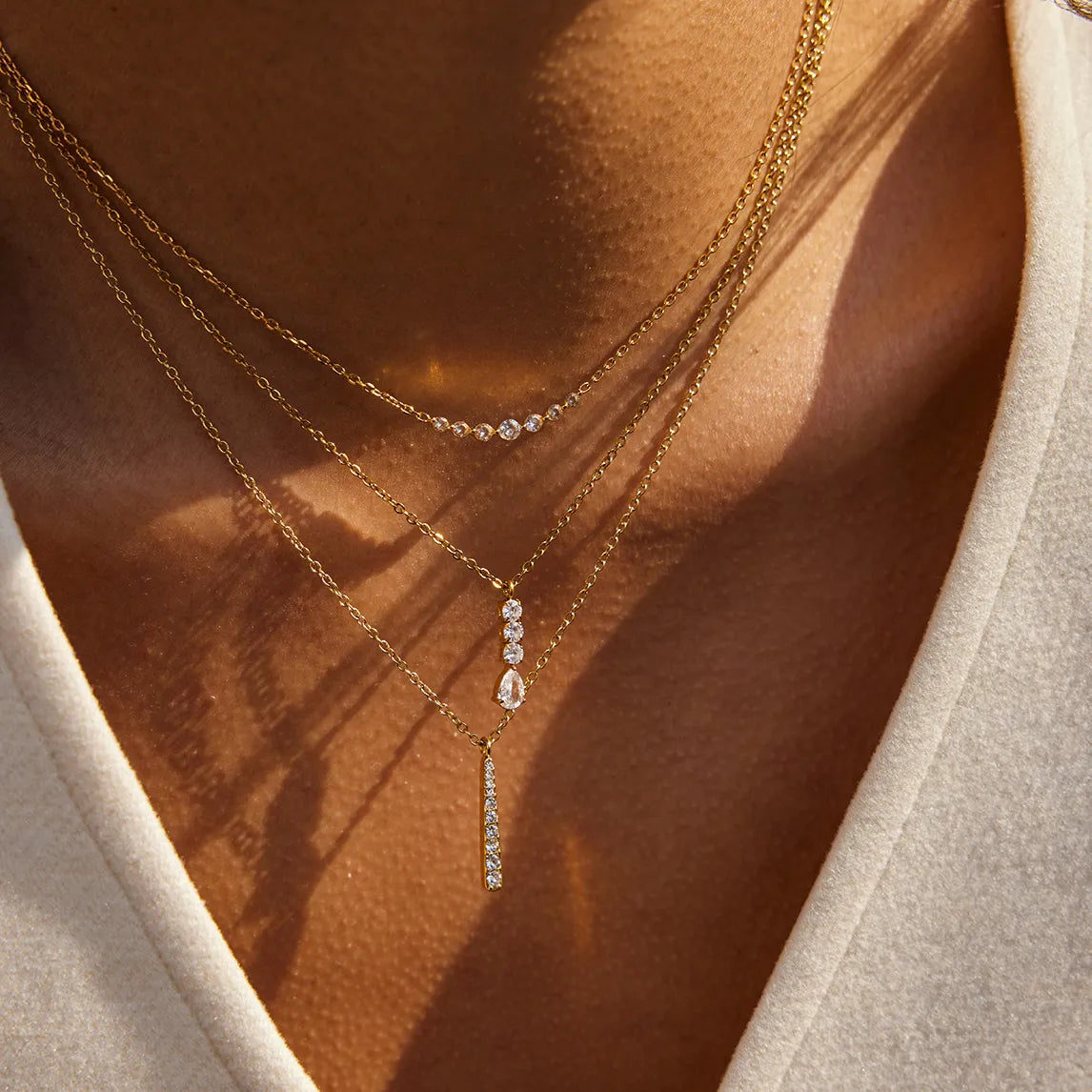 Pave Vertical Bar Necklace & Huggie Set – 18K Gold