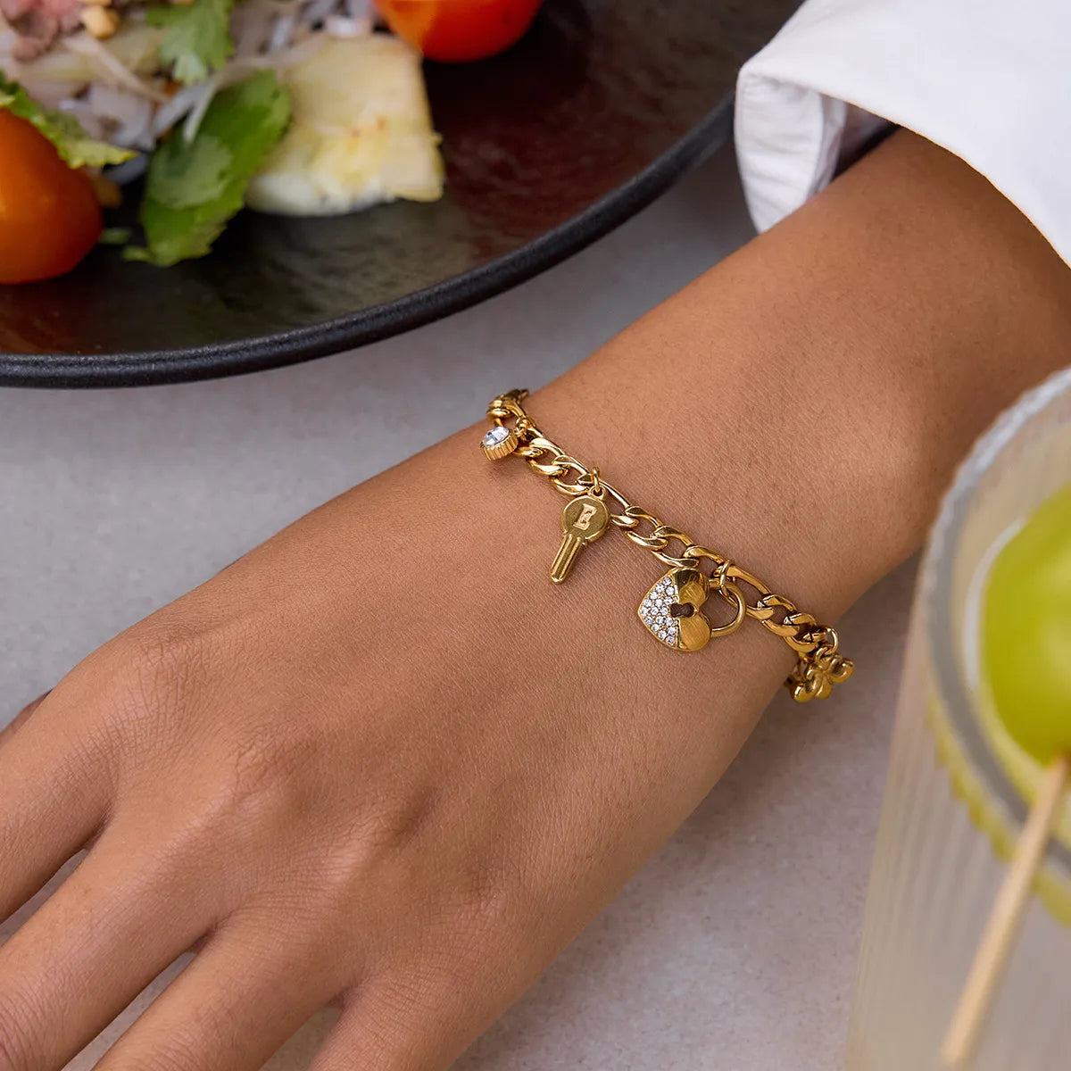 Waterproof Heart Padlock & Key Cuban Link Charm Bracelet