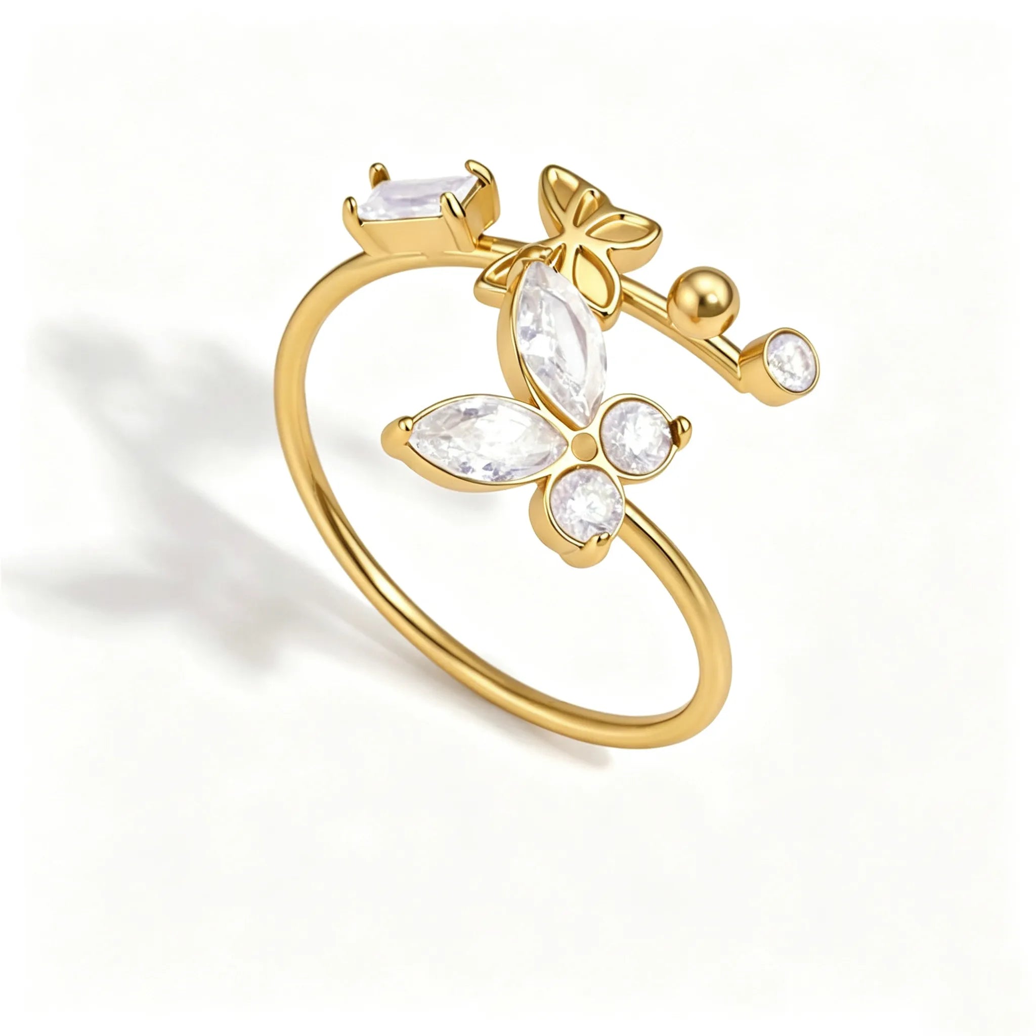 Butterfly & Floral CZ Open Ring Collection – Waterproof 18K Gold