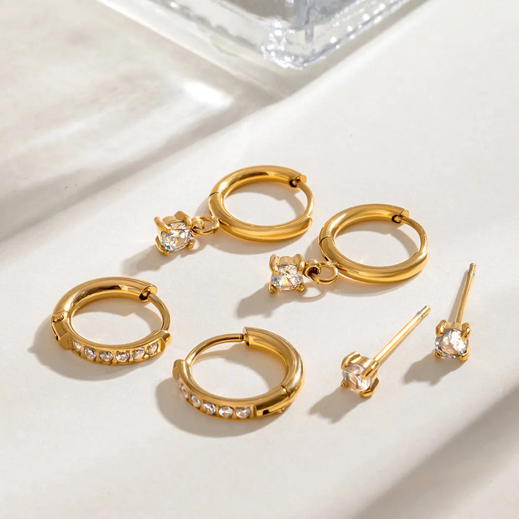 Waterproof 3-Piece CZ Huggie & Stud Earring Set
