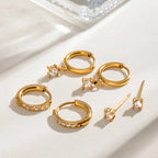 Waterproof 3-Piece CZ Huggie & Stud Earring Set