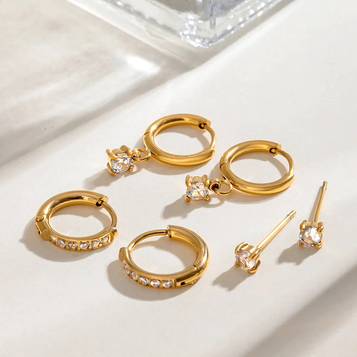 Waterproof 3-Piece CZ Huggie & Stud Earring Set