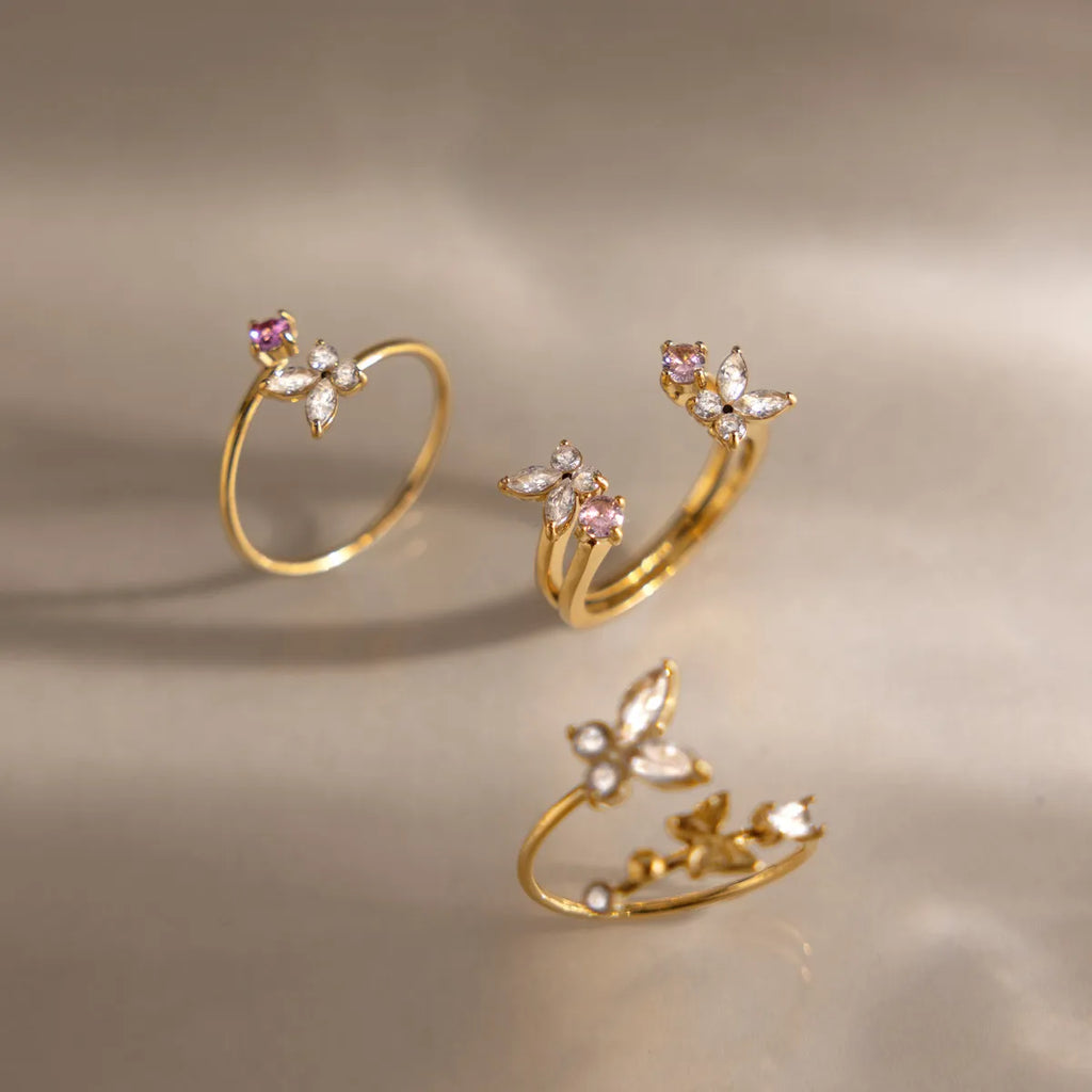 Butterfly & Floral CZ Open Ring Collection – Waterproof 18K Gold