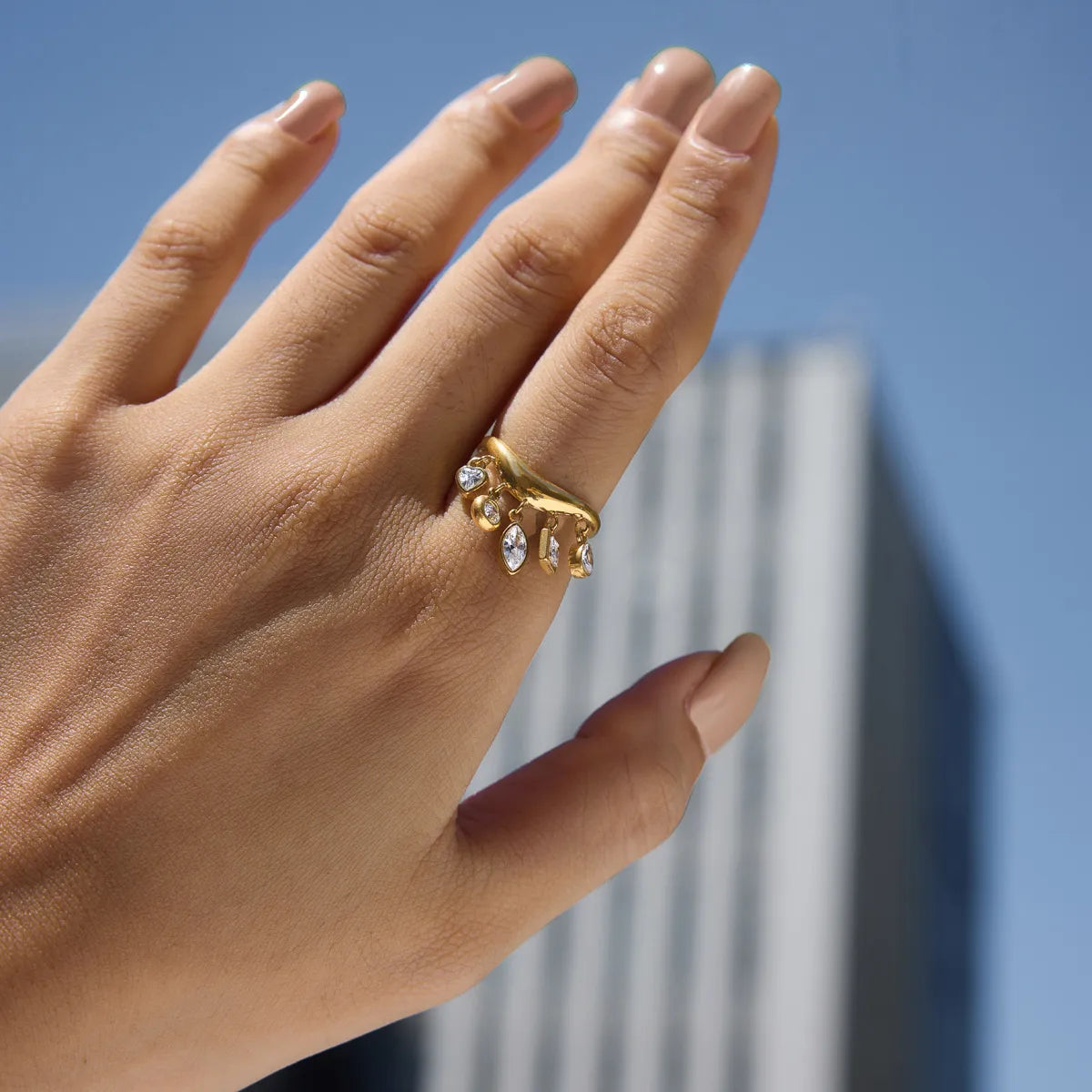 Dangling Multi-Cut CZ Charm Open Ring – Waterproof 18K Gold