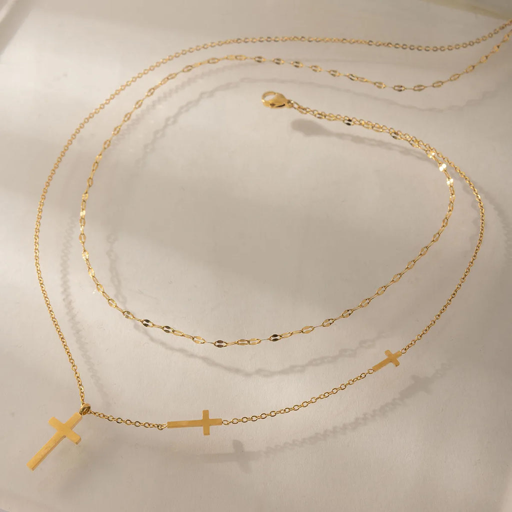 Layered Multi-Cross Charm Necklace – Waterproof 18K Gold