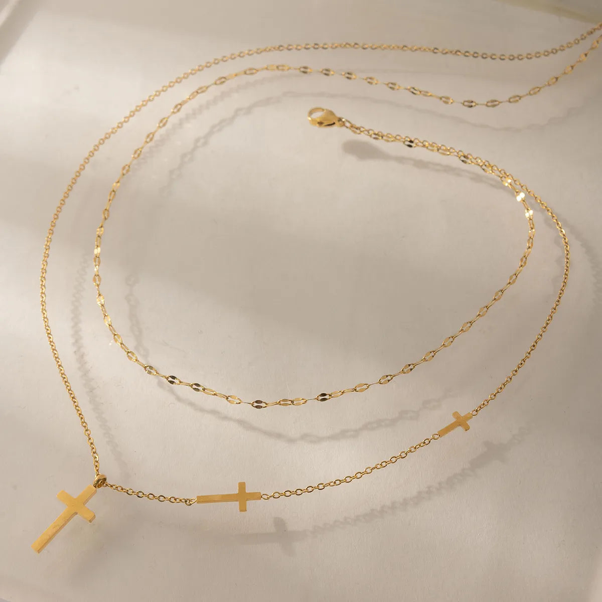 Layered Multi-Cross Charm Necklace – Waterproof 18K Gold